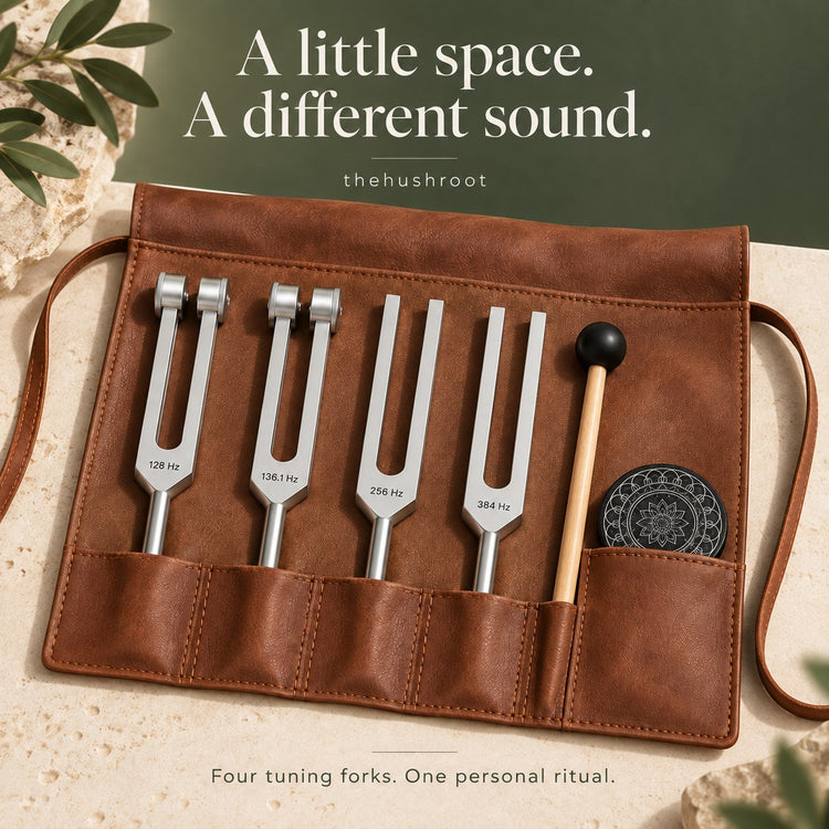 Four tuning forks, a mallet and a resonator disc in the roll case.