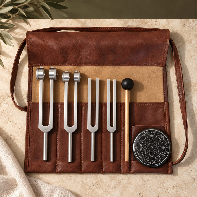 Four forks, a mallet and a resonator disc arranged in the leather roll case