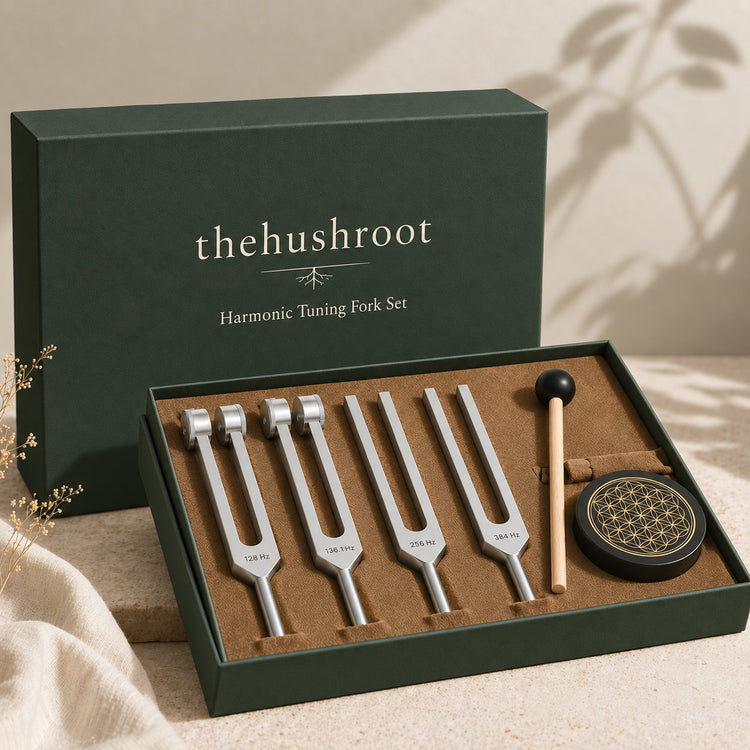 Four tuning forks, mallet and resonator disc in proposed olive-and-ivory packaging