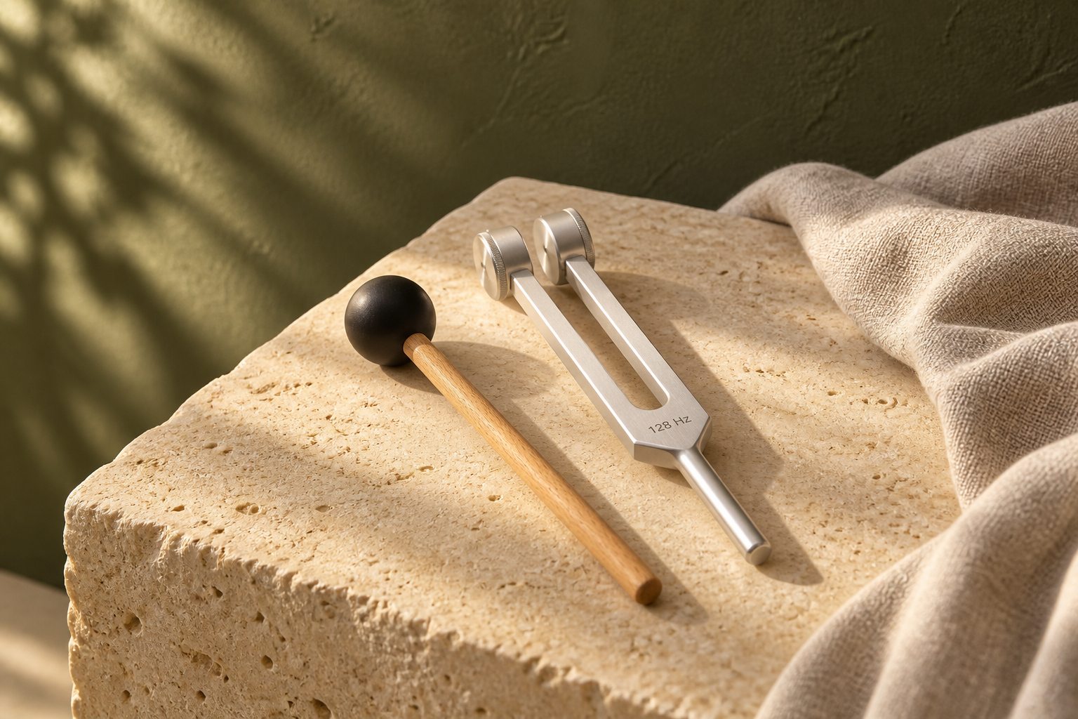 Detail of a weighted 128 Hz tuning fork and mallet